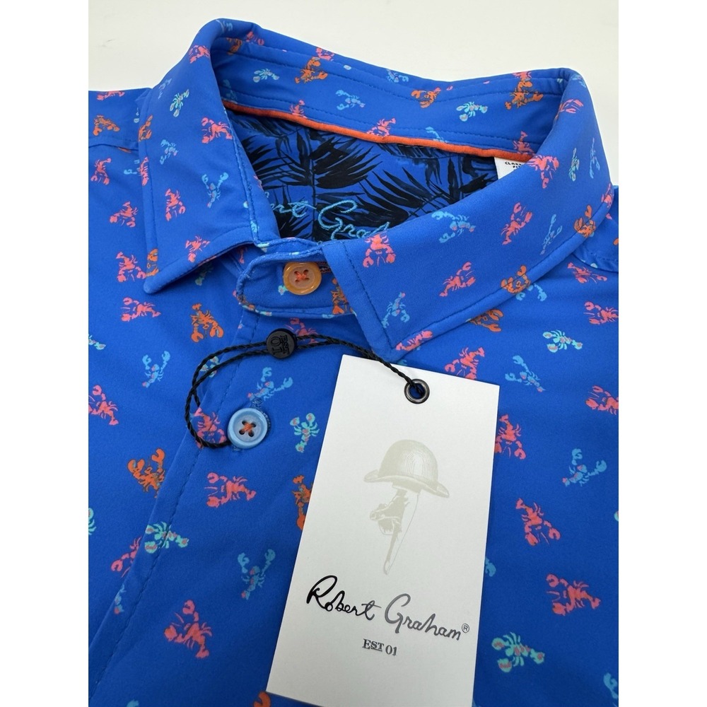 NWT Robert Graham LOBSTER ROLL S/S Button Front Shirt Blue LARGE $178